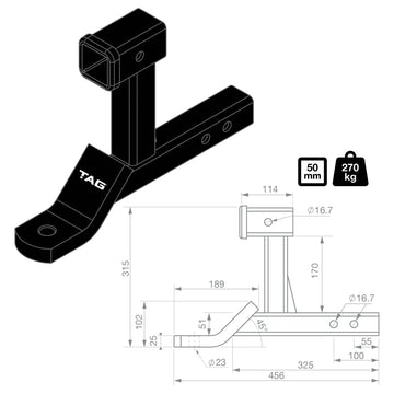 TAG Dual Use Tow Ball Mount - 50mm Square Hitch - Brixton 4x4 - Buy Online Now!
